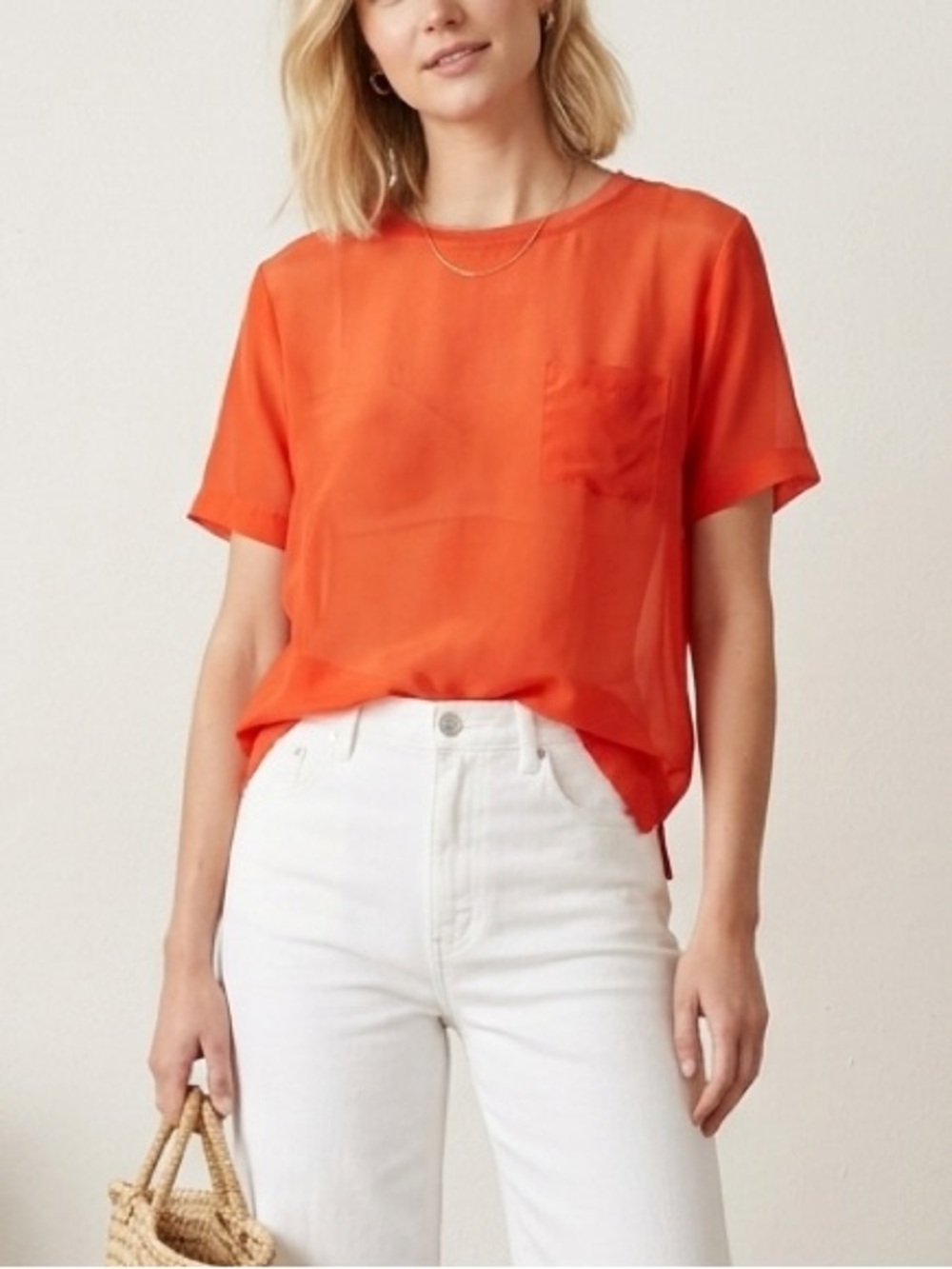 Vince 100% Silk Fire Orange Sheer Pocket Tee